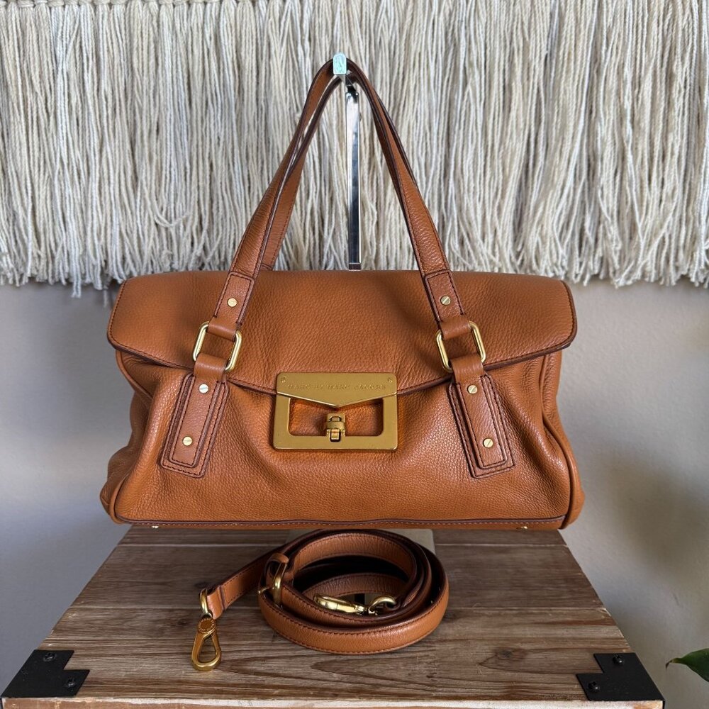 MBMJ Bianca Caramel Tan Leather Top Handle Crossbody East West Squishy Satchel